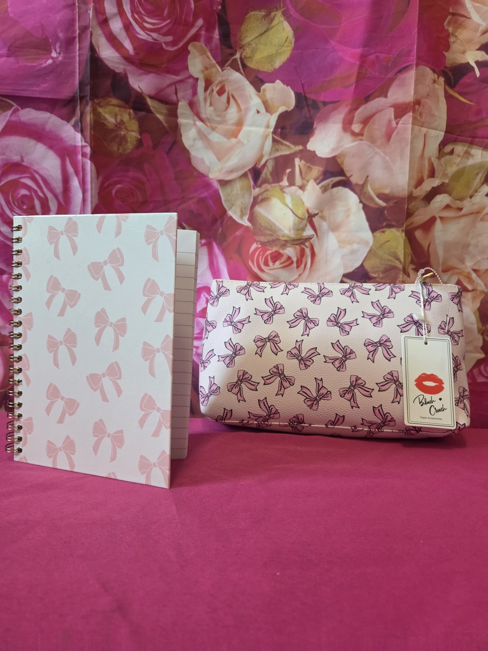 Pretty Pink Bow Tie Travel Bag Pin And Notebook